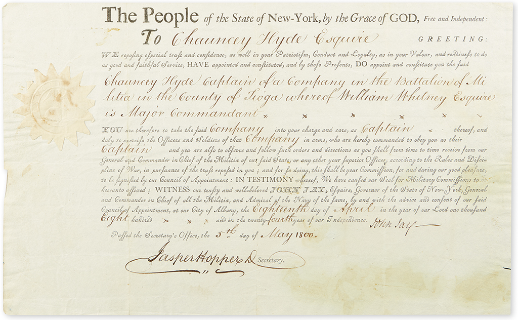 JAY, JOHN. Partly-printed Document Signed, as Governor of New York,